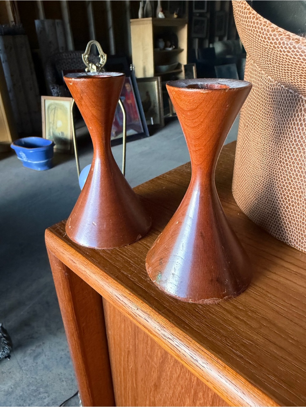 Mid-Century Modern Wooden Hourglass Candle Holders - Brown walnut
